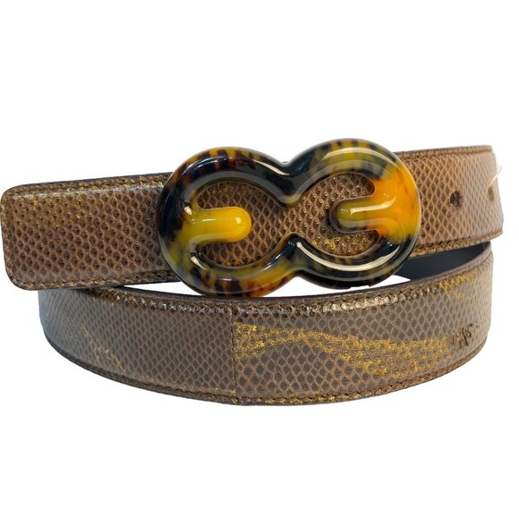 Rare Escada 90’s Brown Gold Leather Belt Tortoise Buckle Size L US 32 main image 5